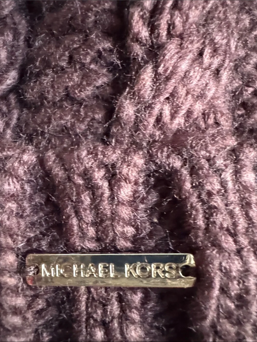 Michael Kors Knit Pom Beanie in Plum with Gold Logo